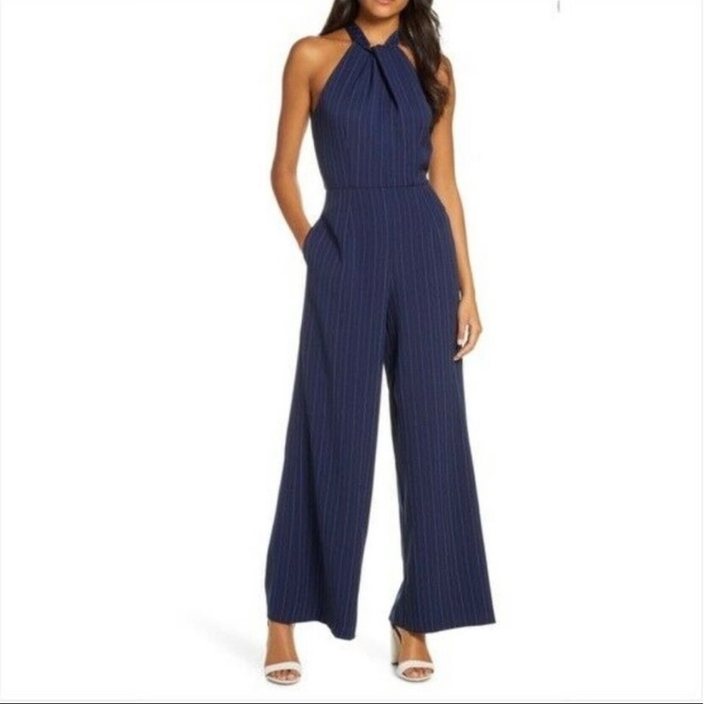 Julia Jordan Halter Jumpsuit  Size 14, Navy/Pinrstripe NWT